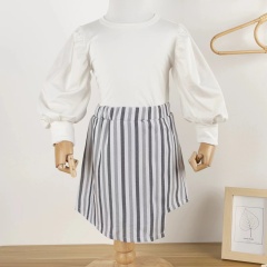 Conyson Spring Autumn New Arrivals Two Piece Set Puff Sleeve Tops Stripe Hypotenuse Short Skirt Baby Girls' Clothing Sets