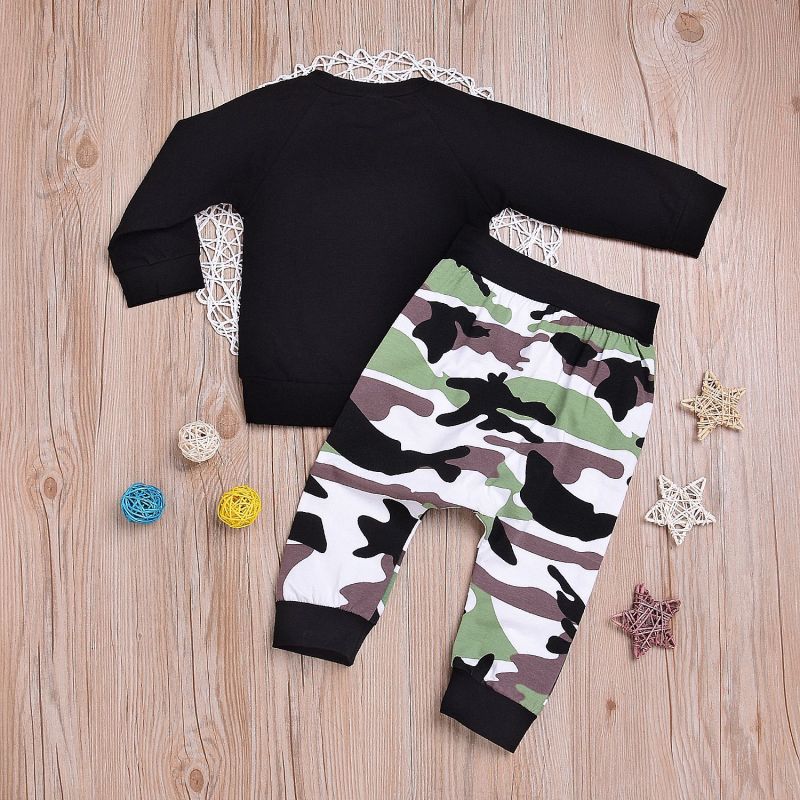 Conyson Casual Long Sleeve Top Army Trousers Outdoor Outfits Black Letter T-shirt Camouflage Short Pants Baby Boy Suit 2Pcs Sets