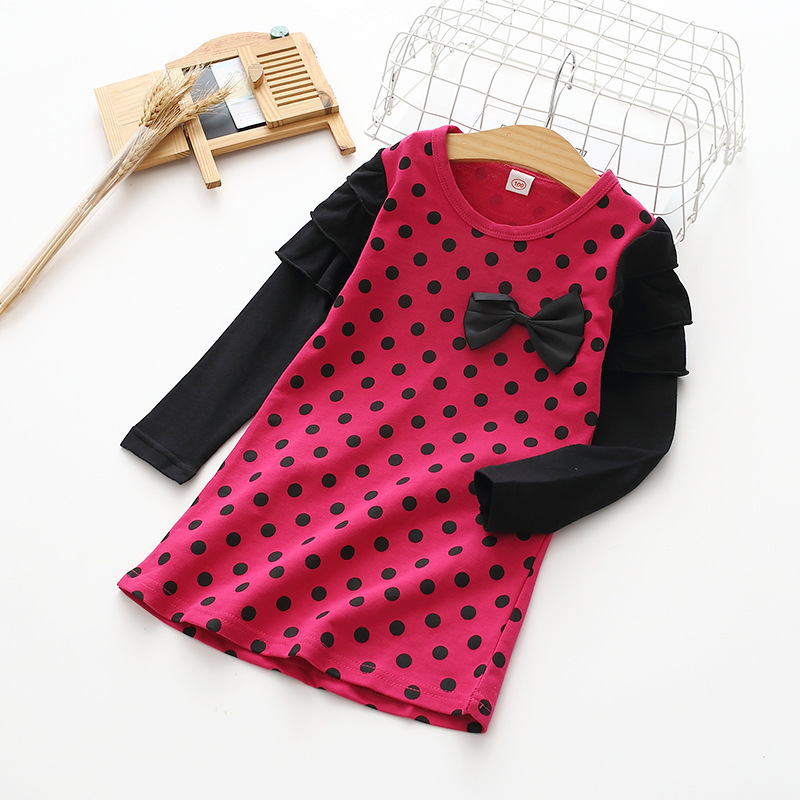 Fashion Girl Party Princess Dress Polka Dot Ruffles Sleeve Print Cute Bow Children Costume Autumn Winter Kids Clothes