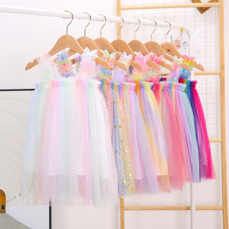 2021 Ins summer new girls sleeveless suspender net gauze clothes children net gauze princess rainbow tutu skirt baby dress