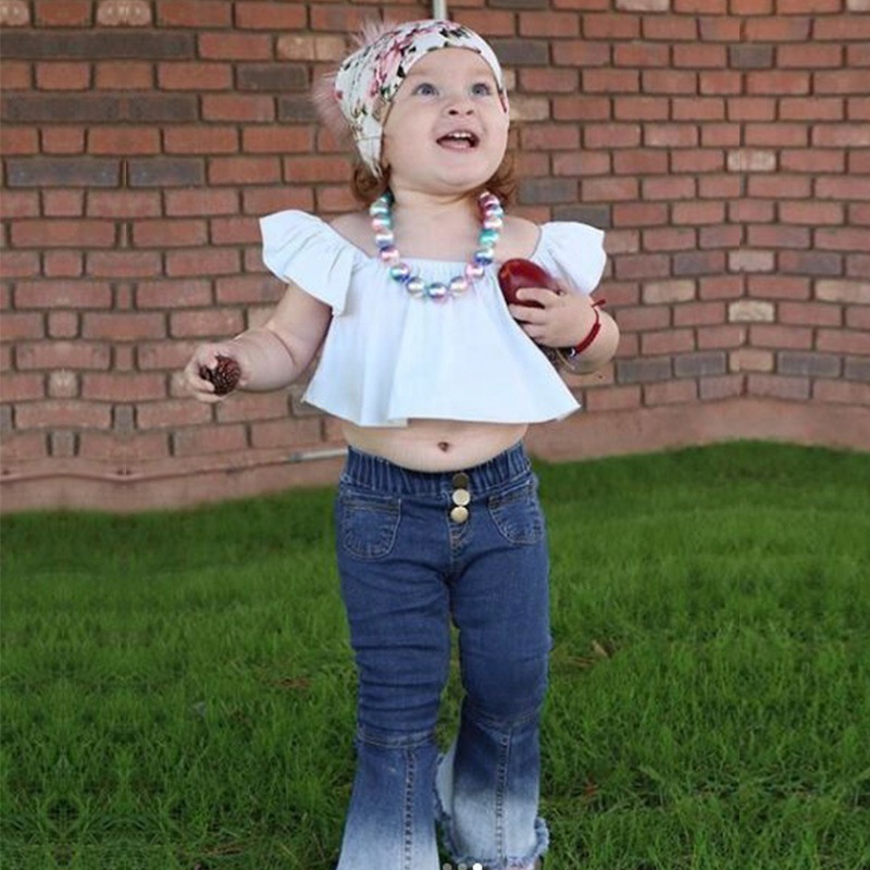 New Style Kids Bell Bottom Pants Navy Blue Elastic Denim Jeans Little Girls Flared Jeans