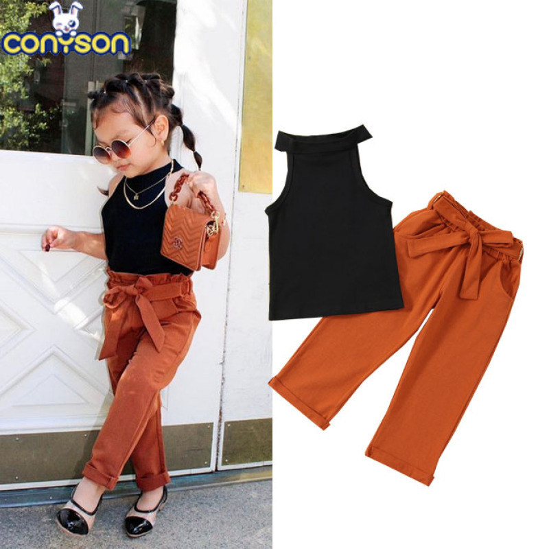 Conyson hot sale Fashion boutique Summer Baby Girls sleeveless Outfit two pieces tank top Suit Cotton kids Girl Clothing Sets