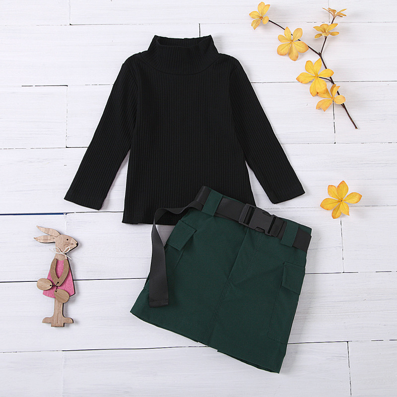 Wholesale Set 2021 autumn winter Girls pit stripe high collar Tops With pure color cargo belt short skirt children's suit