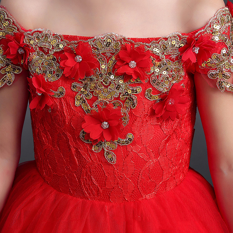 Luxury V Neck Red Short Sleeve Wedding Dress Flower Girl Dresses Kids Apparel Clothes Girl Dress