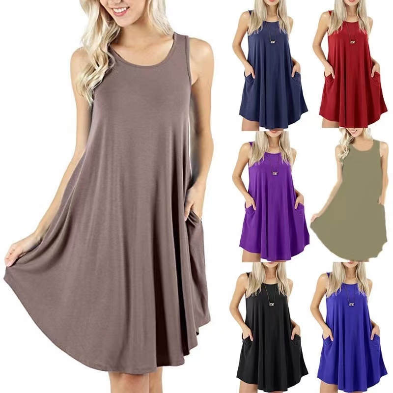 Conyson Factory Direct Price Sleeveless With Pockets 0-Neck Fashion Solid Splicing Casual Swing Plus Size Loose Woman Dress