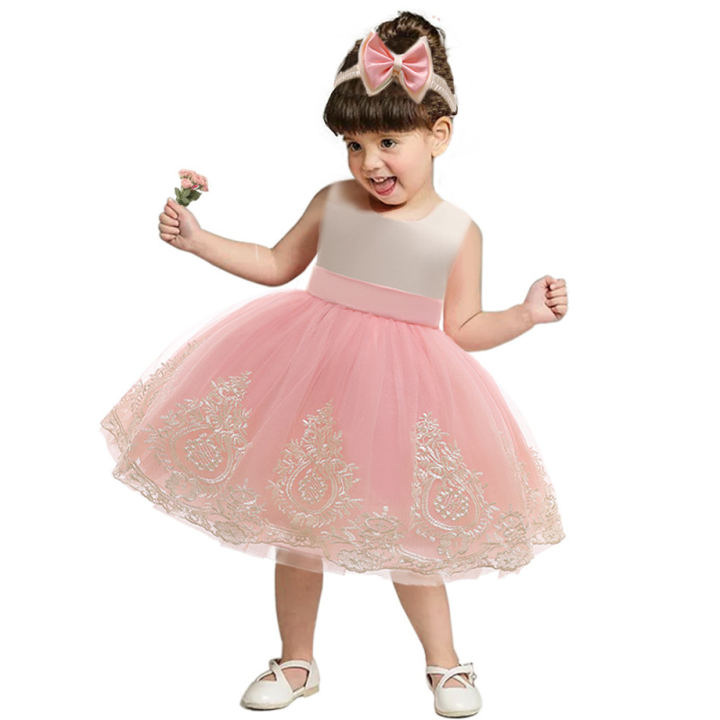 Wholesale Lace Bow Flower Girl Dress Party Wedding Birthday Kids Clothes Elegant Baby Girl Dress sleeveless frock