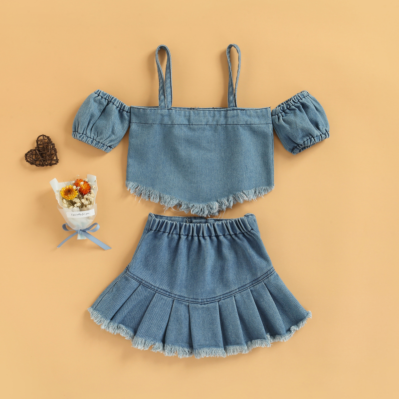Conyson Summer Fashion Sleeveless Dresses Littler Girls Clothes Outfits Denim Shoulder Strap Bubble Sleeves Skirt 2pcs Girl Sets