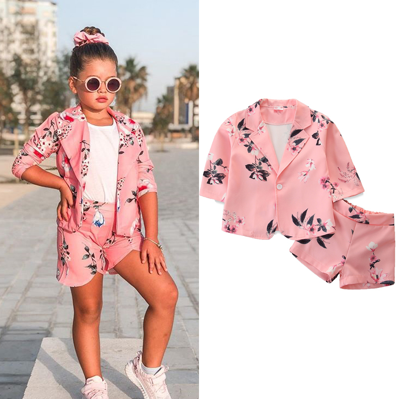 Conyson New Children Girls Long Sleeve Floral Coat Button Spring Outwear Shorts Two piece Fantasy Suit Fashion Kids Clothes Sets