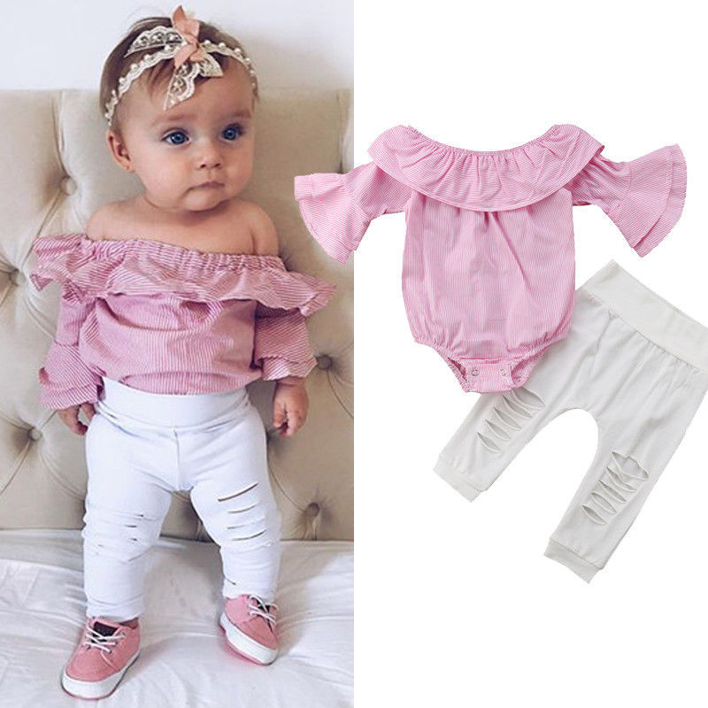 Conyson Girls Clothing Set Girls Off Shoulder Romper +Ripped Jeans Pants Infant Pink Outfits Newborn Clothes Sets