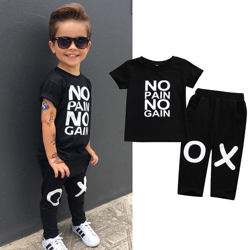 Conyson Summer Cotton Sweats Letter Printed Top+Long Pants Soft T-shirt Suit Sets Black 1-7Y Kids Boys Outfits Sets