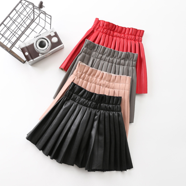 2-15years Baby Dress Girls PU Leather Pleated Skirt Baby Girl Elastic Waist Short Solid Skirts pleated skirt