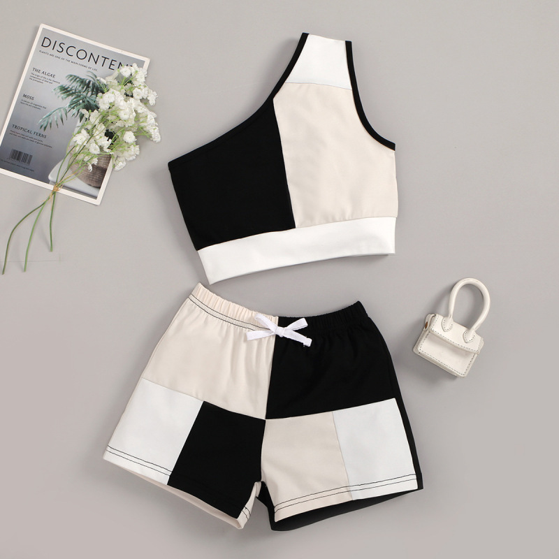 Conyson hot sale Fashion Summer Baby Girls one shoulder patchwork Outfit two pieces tank top shorts Suit kids Girl Clothing Sets