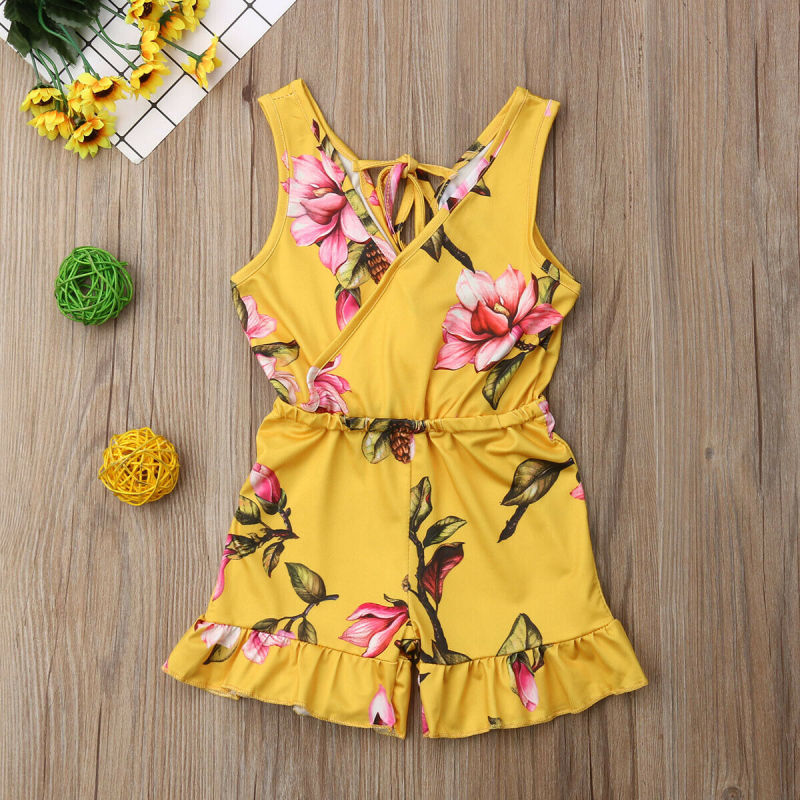 Conyson Wholesale Kids Clothes Summer Cute Baby Kids Girls Printed Floral Sleeveless Romper Ruffles Jumpsuit Outfits Clothes