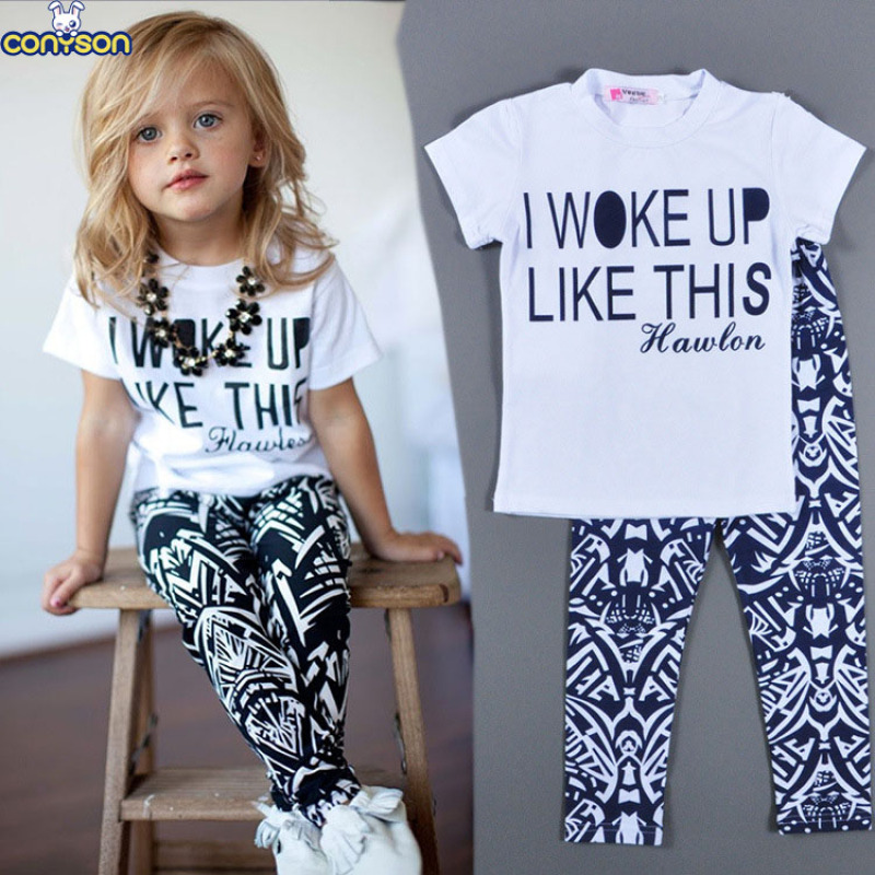 Conyson Hot Kids Summer Clothes Fashion Short Sleeve Letter Printed T-shirts+ Stripes Plaid Pants 2Pcs Baby Girls Clothing Set
