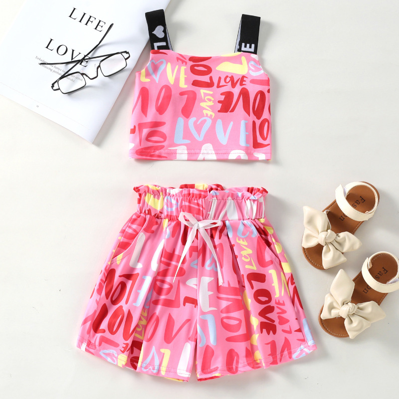 Conyson Wholesale Summer Kids Clothes Baby Little Girls Sleeveless Halter Vest Graffiti Love Letter Print Shorts Casual Outfit