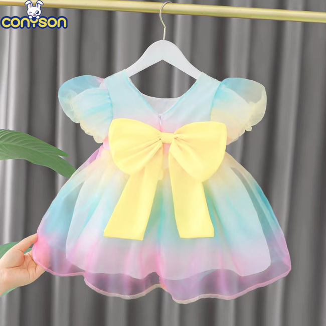 Conyson High Quality Summer 99% Cotton Comfortable Puff Sleeve Colorful Rainbow Floral Dresses 1-3 Years Baby Clothes Girl Dress