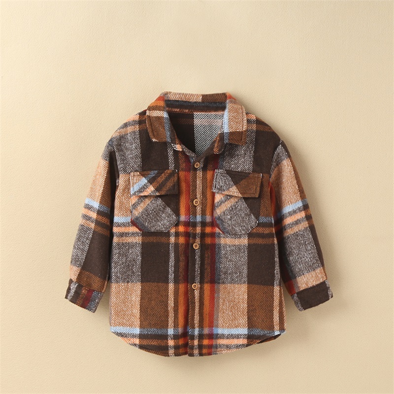 Fashion Autumn Children Girl Boy Warm Coat Plaid Long Sleeve Pocket Button Turn-down Collar Shirts Coat Jacket Tops Outwear