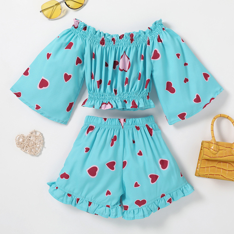 Conyson Summer Fashion Heart Print Shorts Clothes Suits Shoulder High Waist Top Shorts Flower 2pcs Littler Girl Outfits