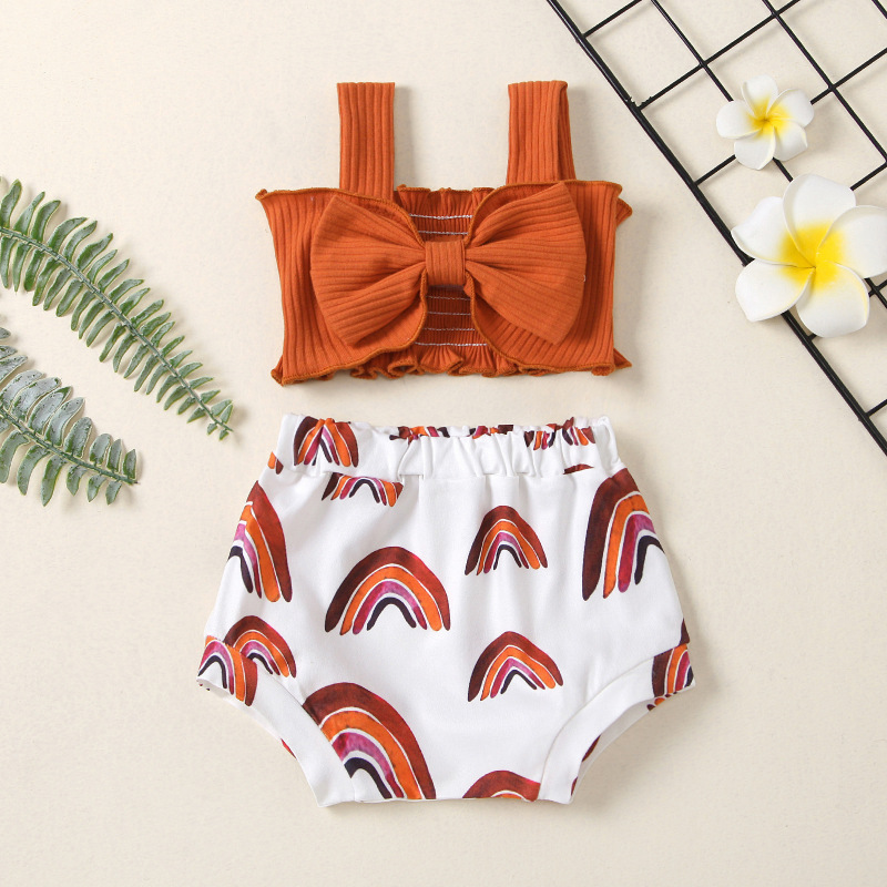 Conyson Wholesale Cotton Gauze Infant Flutter print bowknot Suit Baby kids girls Summer Clothing Rompers Sleeveless rompers
