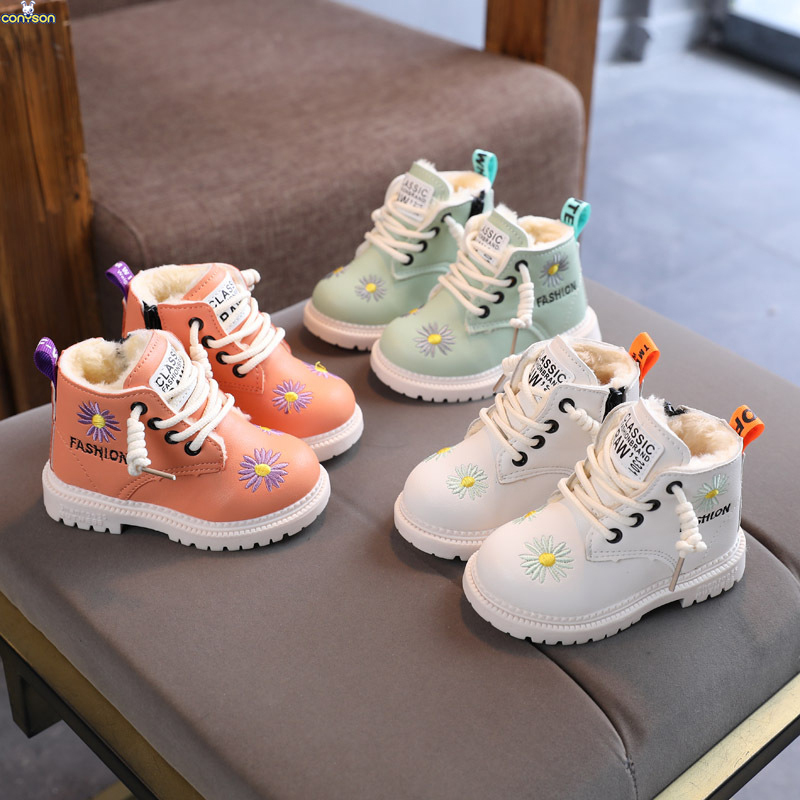 Conyson rts hot sale winter Korean fashion design child embroidery flower kids girl Outdoor snow walking warm Martin boot shoes