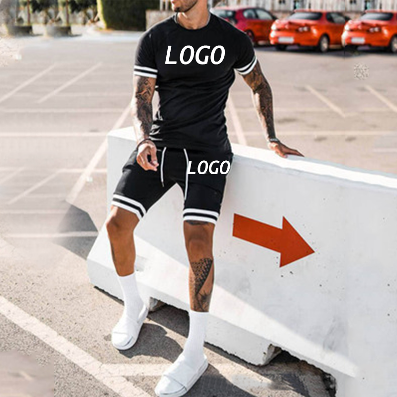 Wholesale summer custom Blank designer logo clothing tracksuit 2 two piece shirts and short set men