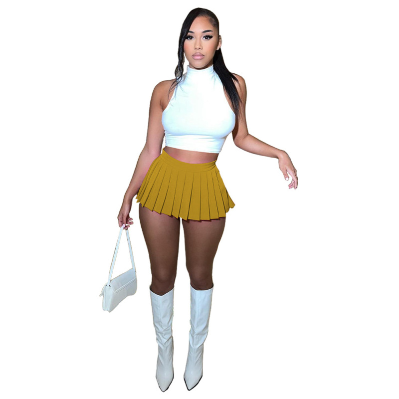 Conyson Custom Logo High Quality Solid Color Plus Size Street Sexy Shorts Sleeveless Sweatsuit Women Pleated Skirt 2 Pieces Sets