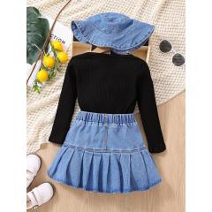Conyson Boutique Children's Girls Clothes Sets Solid Top Jean Skirt With Hat 3 Piece Clothes Suits Spring Little Girl Outfits