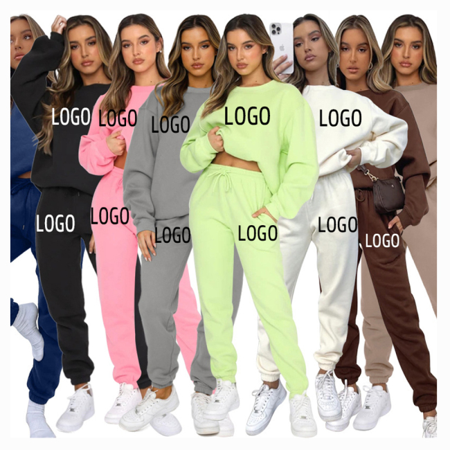 Wholesale Hot Sale High Quality Custom Sport Gym Pullover Plain Workout sweatsuit 2 Pieces Crop Top Oversized Women's Set
