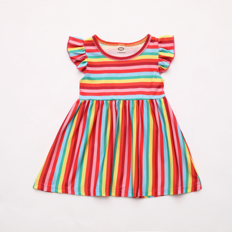 Conyson New Hot Sale Summer Kids Clothing Cotton Colorful Rainbow Striped Sleeveless Ruffle Sleeve Princess Vest Sweet Dress
