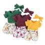 New Round Neck Casual Girls Sets Summer 3 Pcs Kids Clothing Sets Floral Cotton Short Sleeve Kids Girls Sets