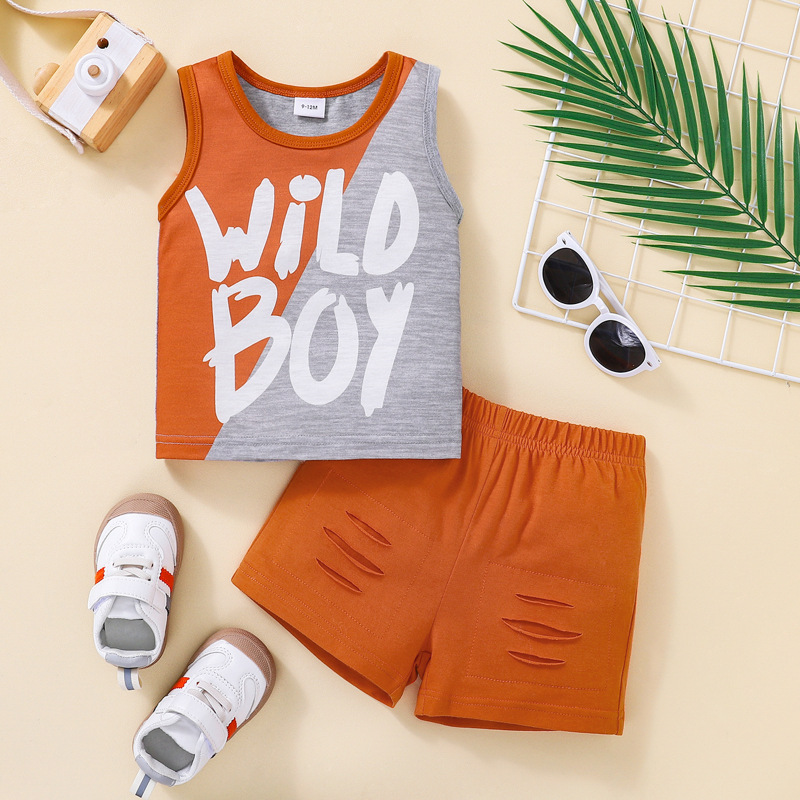 Conyson Wholesale Summer Kids Boy Clothing Set Printing Logo Sleeveless Vest Hole Shorts Cotton 2 Piece Boy Clothes Set