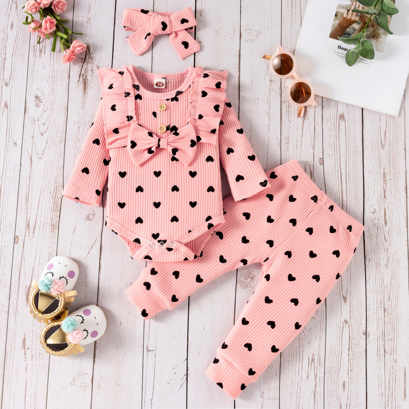 High Quality Children's Love Bow Costume Baby Long Sleeved Triangle Jumpsuit Baby Romper With Headwear