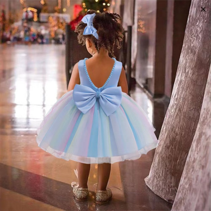 Conyson Hot Wholesale 3-8 Years Old Polyester And Cotton Sweet Style With Head band Little Kids Bowknot Ball Gown Girls Dresses