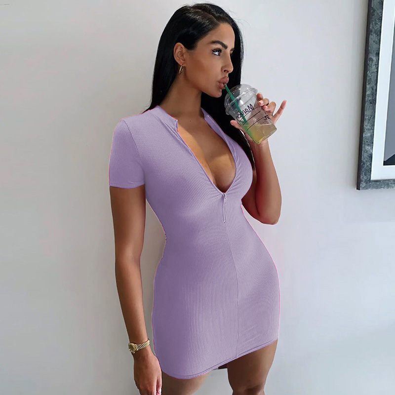 Conyson Clothing Custom Spot New High Neck Short Sleeve Bag Hip Knitted Skirt Woman Vintage Dresses Women Casual Zipper Dress
