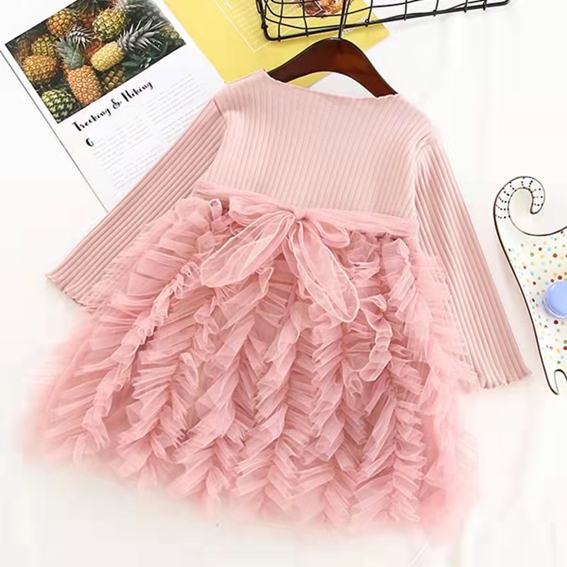 Conyson Wholesale High Quality Spring Mesh Baby Clothing Sets Knit O-Neck New Designers Long Sleeve Girls Princess Dress