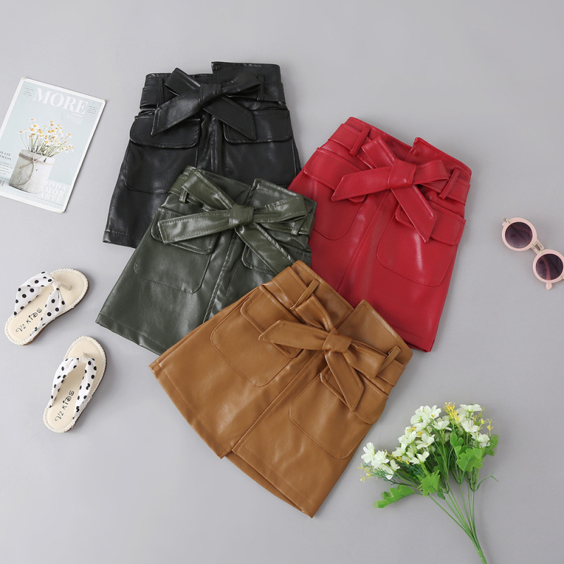 Conyson New Kids Girls Fashion Spring Clothing Solid Leather Skirts For Kids Girls Korean Short Dress Girl Pu Leather Skirt