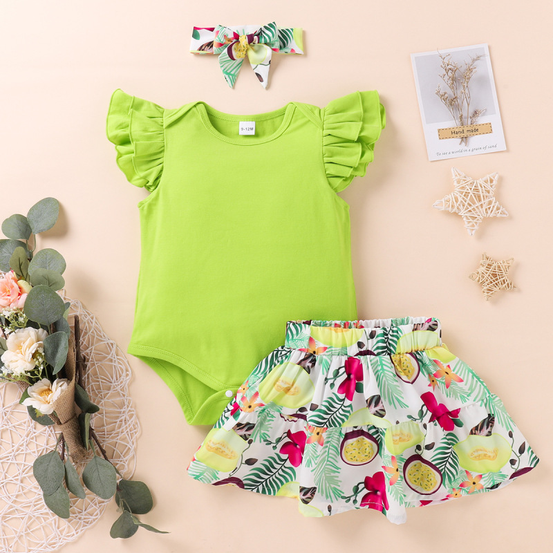 Conyson New Design Summer Pleated Short Sleeves Solid Top+Fresh Fruits Print Dress + Headband Casual 3Pcs Baby Girl Clothes Sets