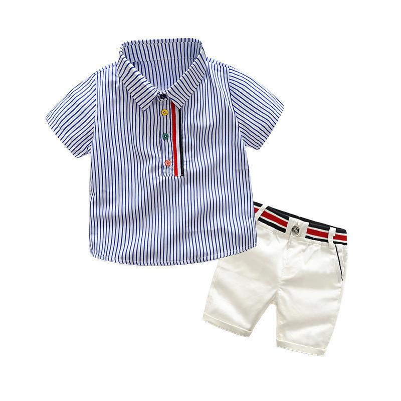 Children's gentleman summer clothes striped short sleeve tops + white shorts 2 pcs clothing sets for kids baby boys party suits