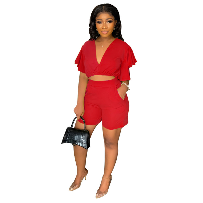 Custom 2023 Wholesale Summer Sexy Ruffled V-neck Top Fitness Outfit Seamless Puff Sleeve Cozy Two Pieces Matching Women Set