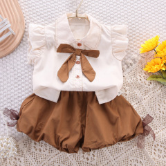 Conyson Baby Summer Cotton Button Bowknot Clothing 0-6Y little girls dress Clothes floral Top Shirt 2Pcs Outfit baby sets
