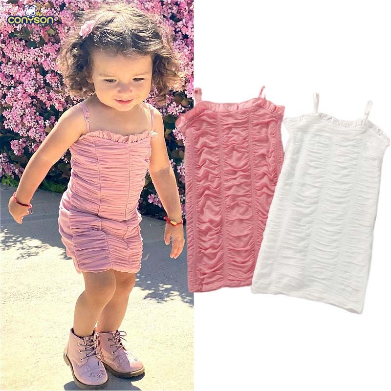 Conyson 2022 Summer Solid Baby Girls Sleeveless Sundress Fashion Bodysuit Pink Slip Dress Girl Spaghetti Strap Party Dress