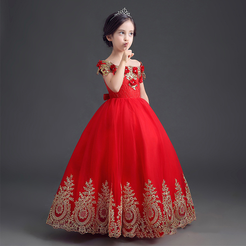 Luxury V Neck Red Short Sleeve Wedding Dress Flower Girl Dresses Kids Apparel Clothes Girl Dress