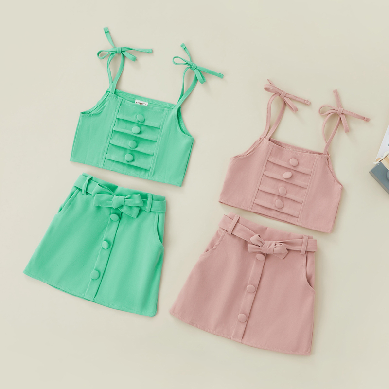 Conyson Fashion Kids Girls Clothes Sets 2pcs Plain Shoulder Straps Crop Camisole A-Line Skirts With Waist Belt Children Clothing