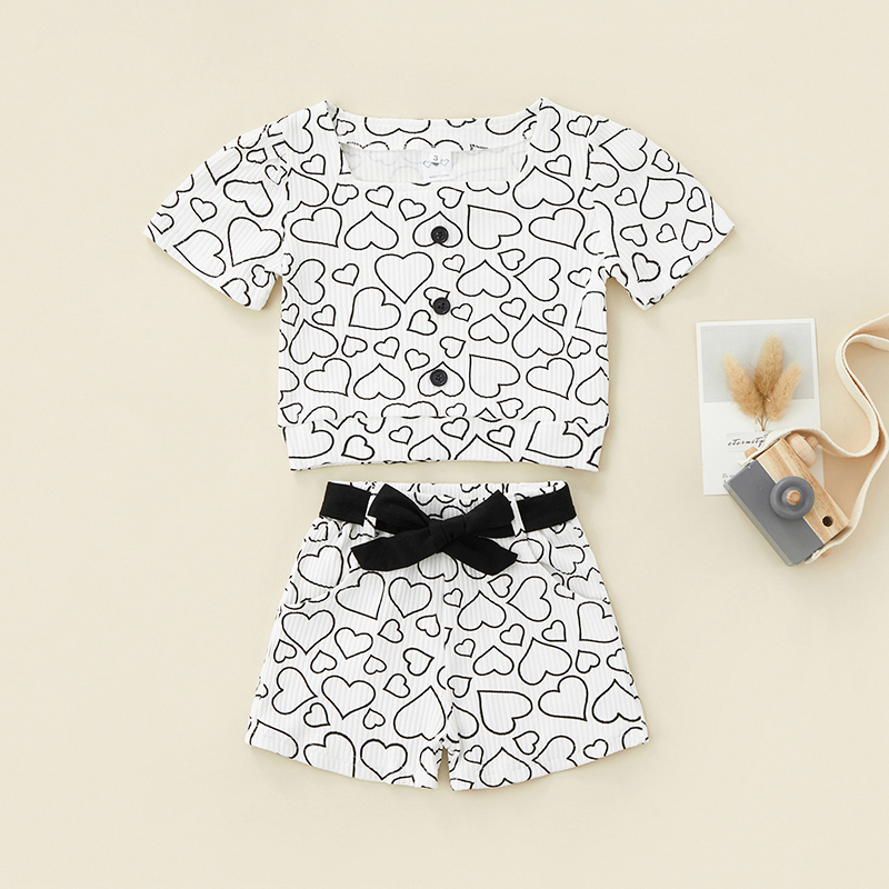 Conyson Fashion Kids Girls 2pcs Clothes Sets Love-heart Printed Ribbed Square Neck Short Sleeve T-shirts Shorts Casual Outfits