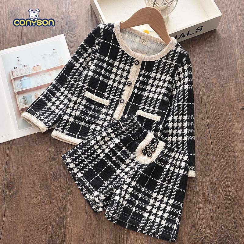 Conyson Winter Kids Girl Elegant Clothing Outfit New Plaid Long Sleeve Button Jacket+Shorts Litter Girls 2 pcs Set