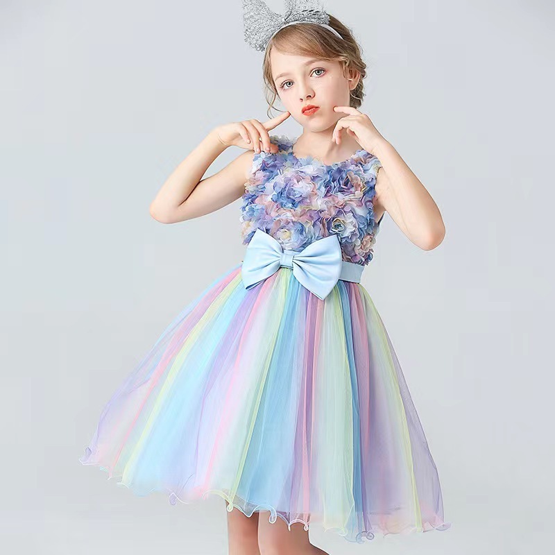 Conyson Wholesale Princess Kids Girls Party Dress 3 Colors Lace Flowers Sleeveless Sequined Big Bow Tutu Sundress Layered Skirt