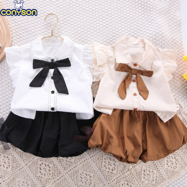 Conyson Baby Summer Cotton Button Bowknot Clothing 0-6Y little girls dress Clothes floral Top Shirt 2Pcs Outfit baby sets