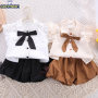 Conyson Baby Summer Cotton Button Bowknot Clothing 0-6Y little girls dress Clothes floral Top Shirt 2Pcs Outfit baby sets