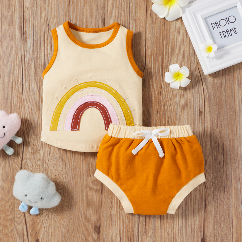 Conyson  Newborn Baby Girls Boys Clothes Sets Kids Clothes Custom Cotton Colors Rainbow Print Sleeveless Vest Tops Shorts Sets