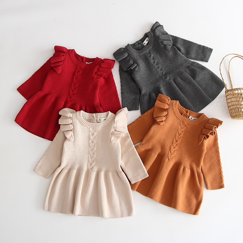 Fall Winter Knitted Princess Baby Long-Sleeved Solid Color Elastic Sweater Cotton Toddler Girls' Dresses